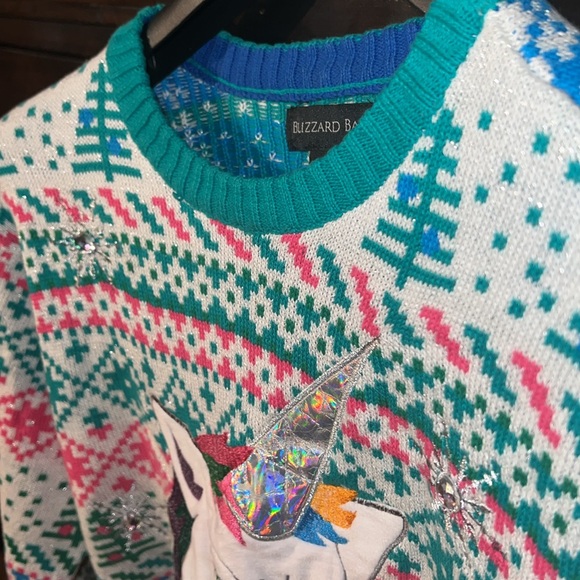 Blizzard Bay men’s ugly Christmas sweater featuring a 80s Holiday unicorn - Picture 5 of 10